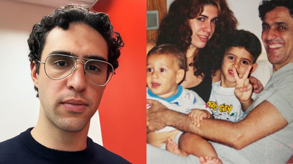 Zeca Veloso em foto atual e ao lado da família quando criança
